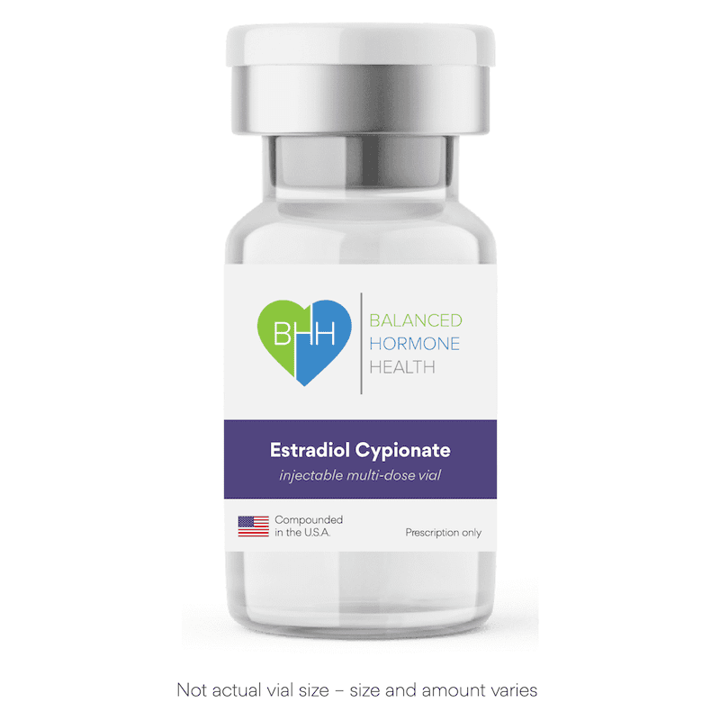 Vial of bioidentical estradiol cypionate compounded with grape seed oil for long-lasting estrogen therapy.