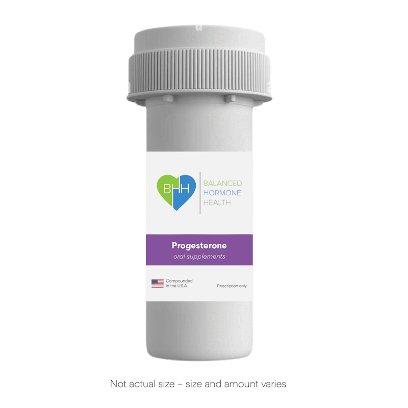 Bottle of progesterone capsules providing a 3-month supply for hormone balance.