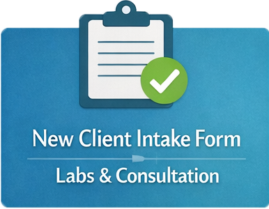new client intake form for labs and consultations with clipboard on blue background