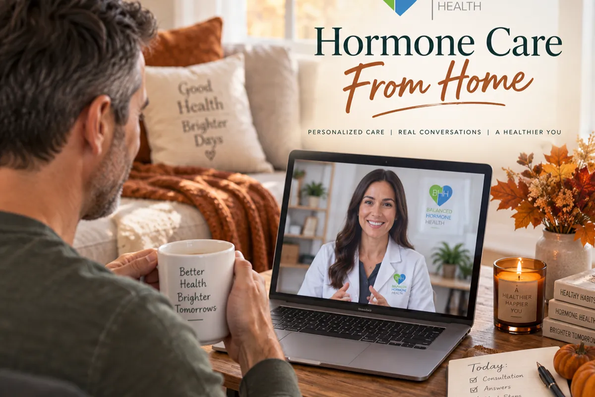 Telehealth hormone care consultation showing personalized online hormone therapy, TRT, BHRT, and medical weight loss services